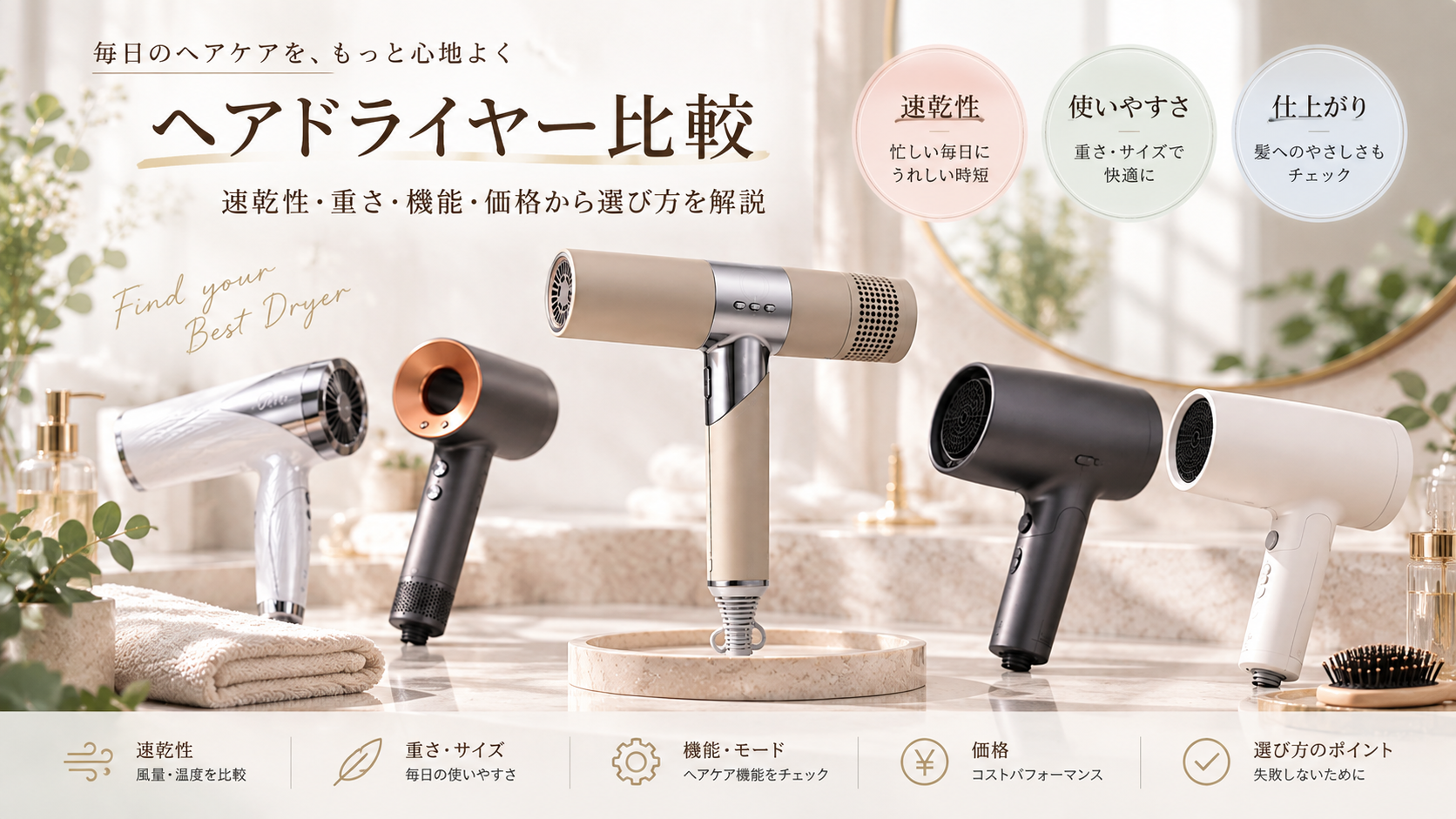 【KINUJO】絹女のヘアドライヤーを比較｜速乾性・重さ・機能・価格から選び方を解説